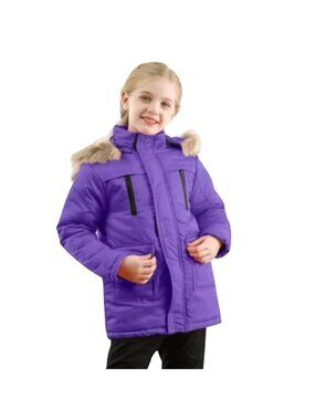 Girls Heavyweight Purple Winter Coat Size 5/6 Faux Fur Hood Warm Pockets Zipper